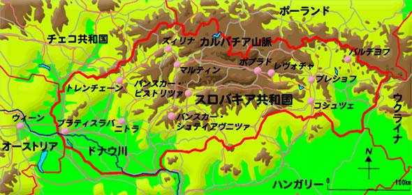 スロバキア共和国と主な地名が掲載された地図