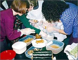 現地の人と一緒に巻きずしを作っている写真