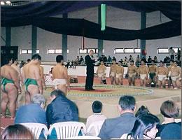 日本の国技相撲を披露している会場の写真